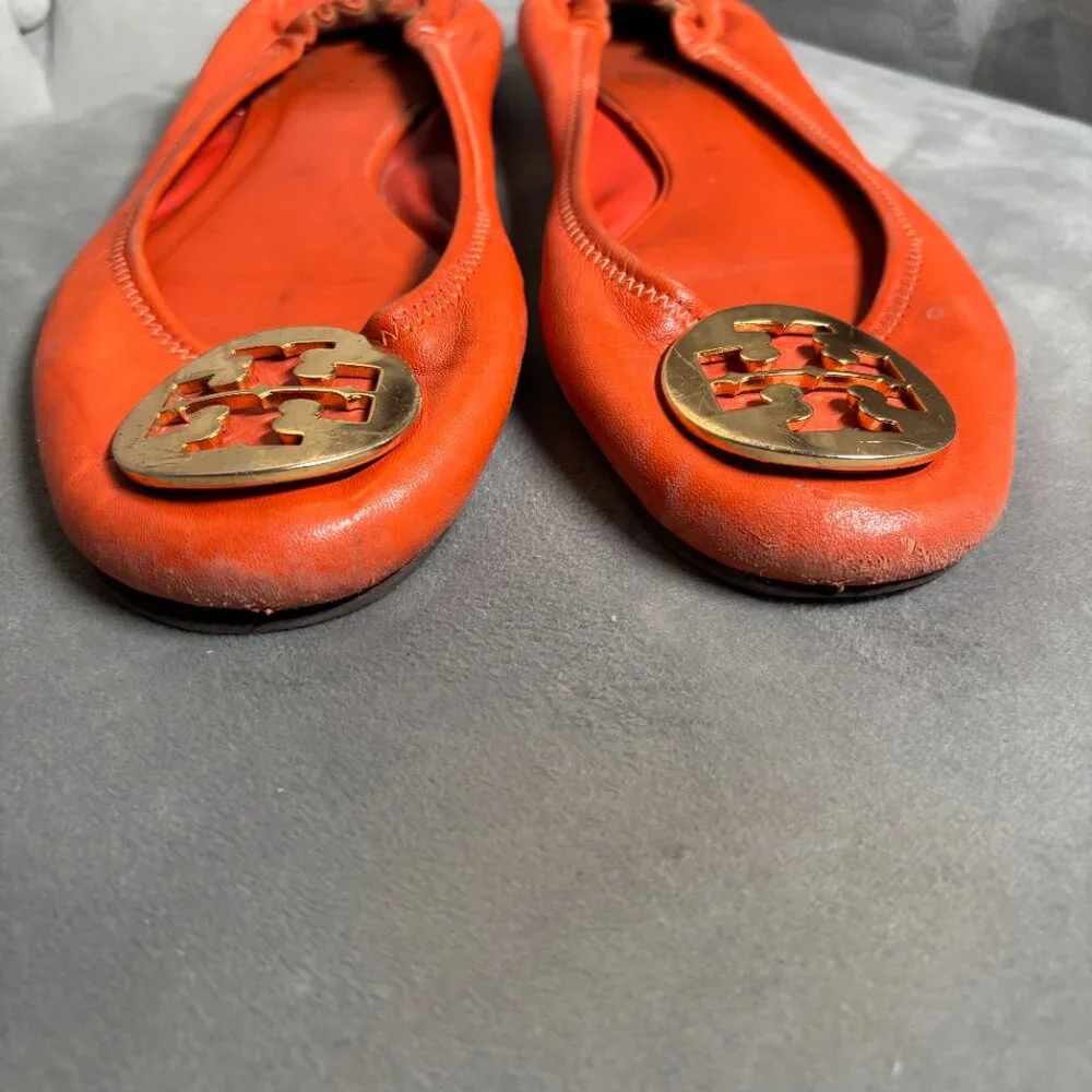 Tory Burch Minnie Travel‎ Ballet Flats Orange Leather Gold Logo – Women’s Size